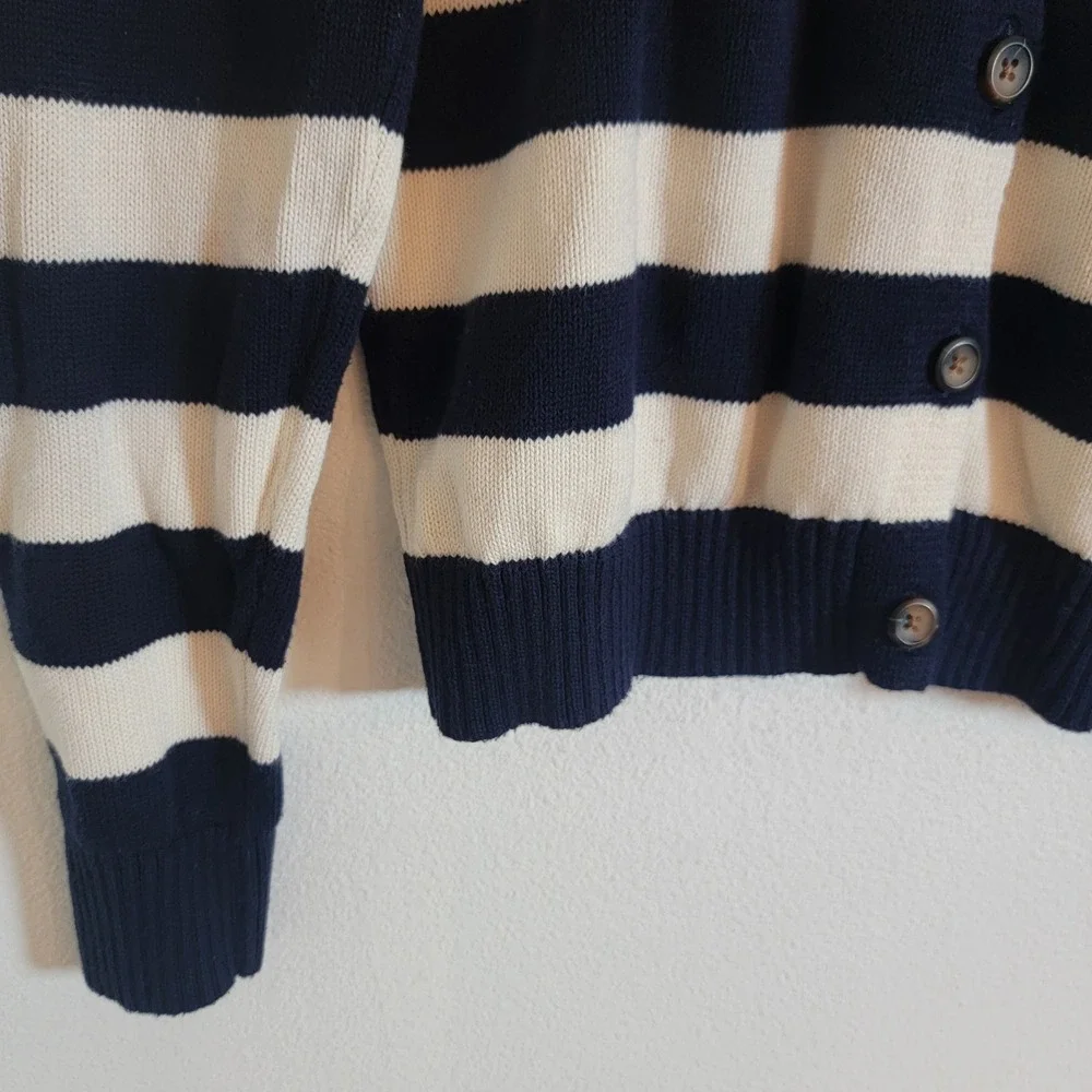 John Galt Stripe Amalie Button Front Cardigan Cotton Nautical Navy Blue Cream OS